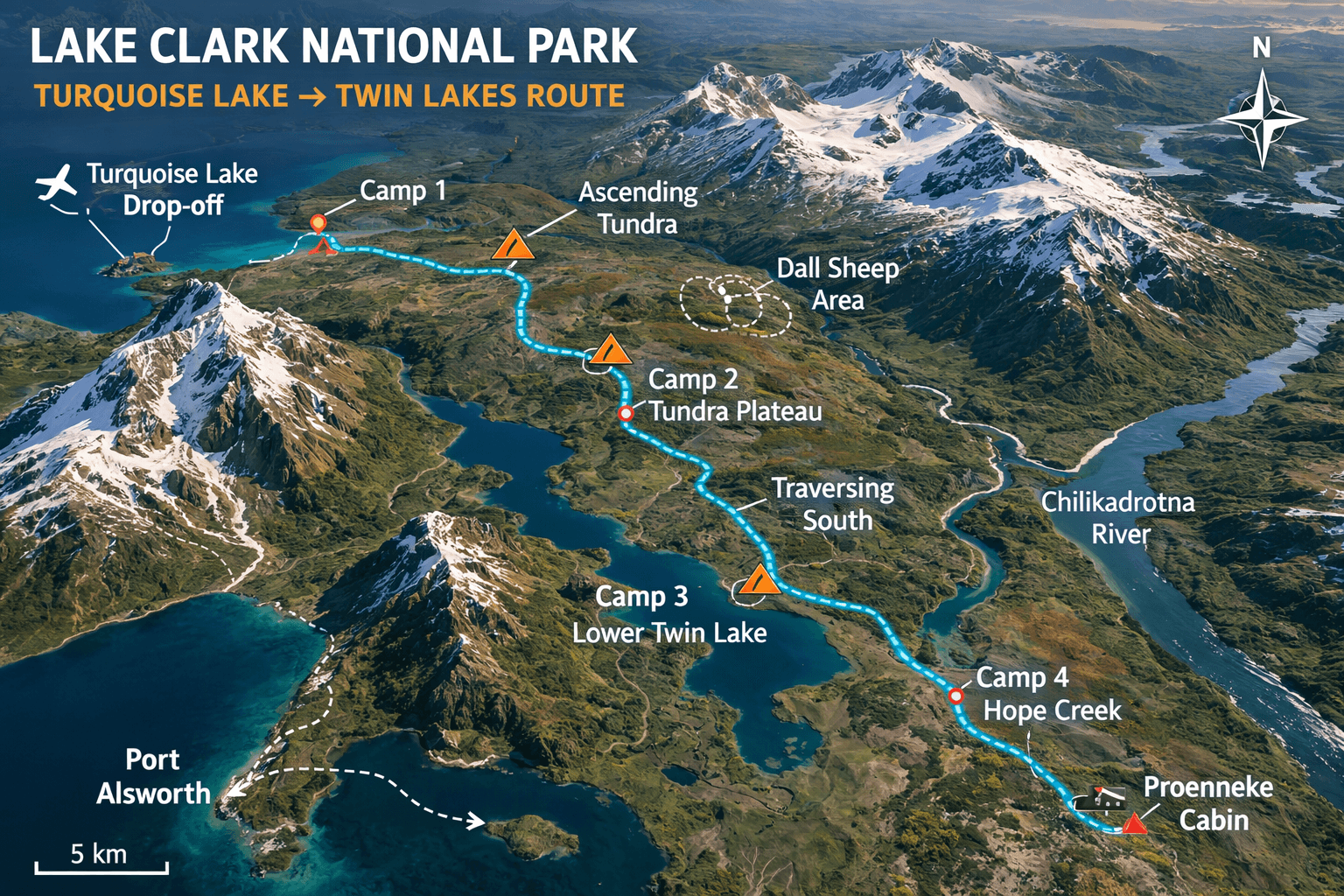 3D Terrain Map der Route durch den Lake Clark National Park
